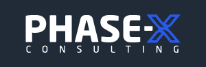 Phase-X Logo: White lettering on a grey background with a blue X.